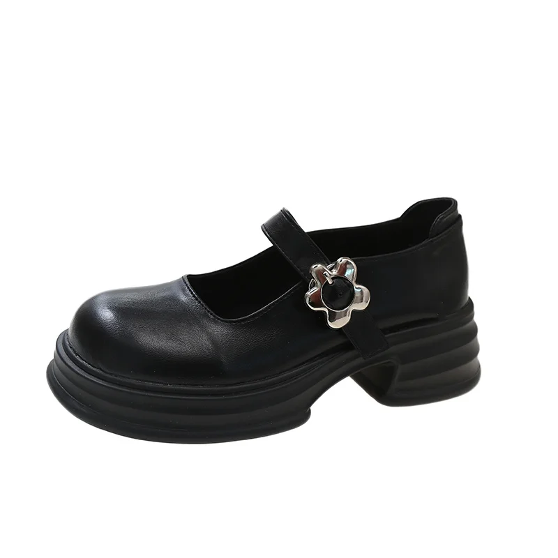 

Туфли-лодочки женские на массивном каблуке, искусственная кожа, круглый носок, Цветочная пряжка, каблук, обувь в готическом стиле