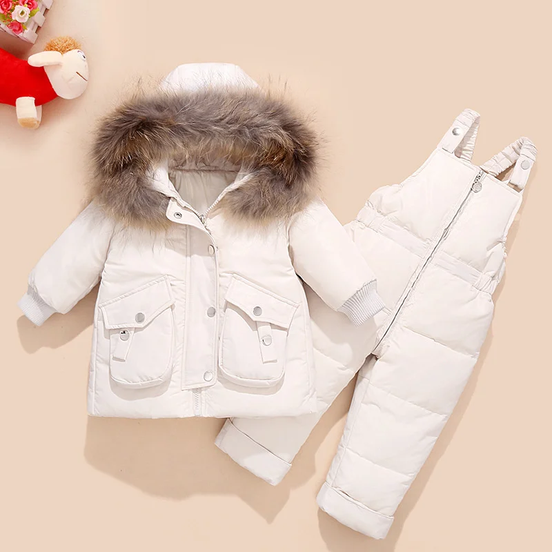 new children down Winter suit little toddler girl thickened short hooded fur collar jacket boy warm overalls 2 piece set