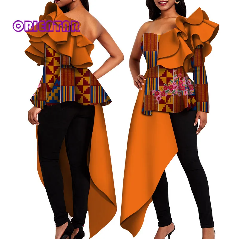 

African Clothes for Women Fashion Women Blouse One Shoulder Ruffled Sleeve African Shirt Bazin Riche African Clothing WY4814