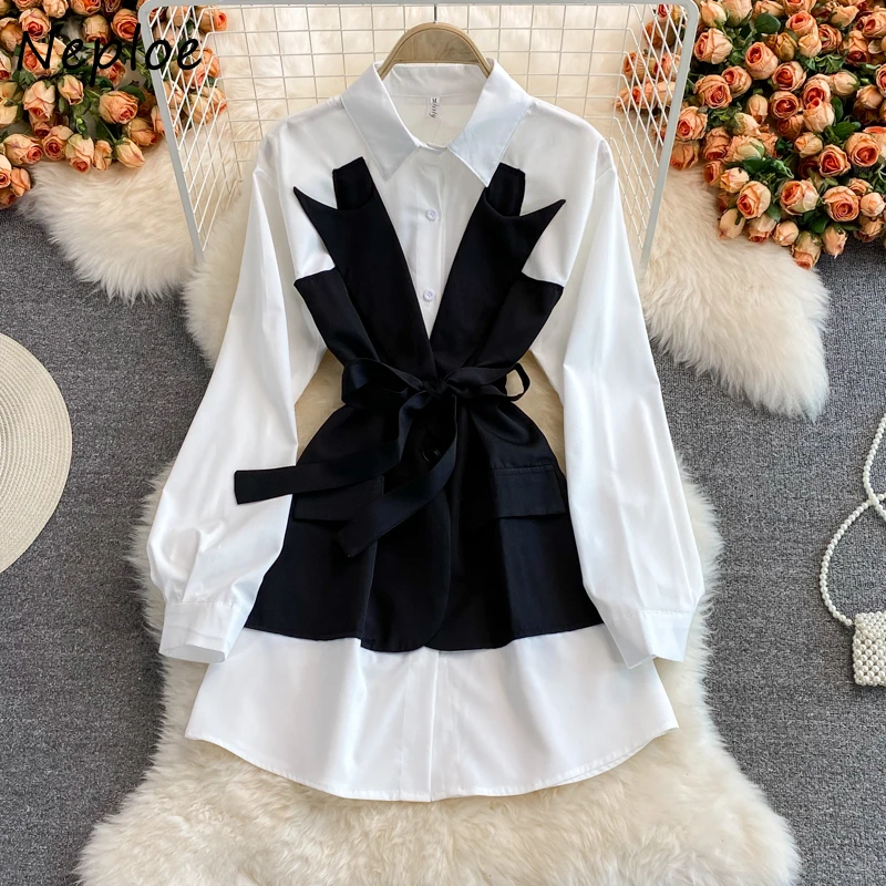 

New Fashion Fake Two-piece Shirt Dress Female Turn-down Collar Long Sleeve Short Robe Women Autumn New 2022 Patchwork Vestido