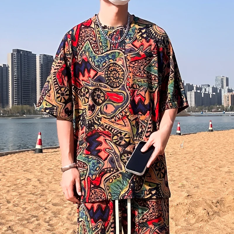 

2023 Summer Beach Suit Men's Tshirts Sets Shorts Hawaii Style Male Clothing Plus Size Short Sleeve Casual Unisex Tops