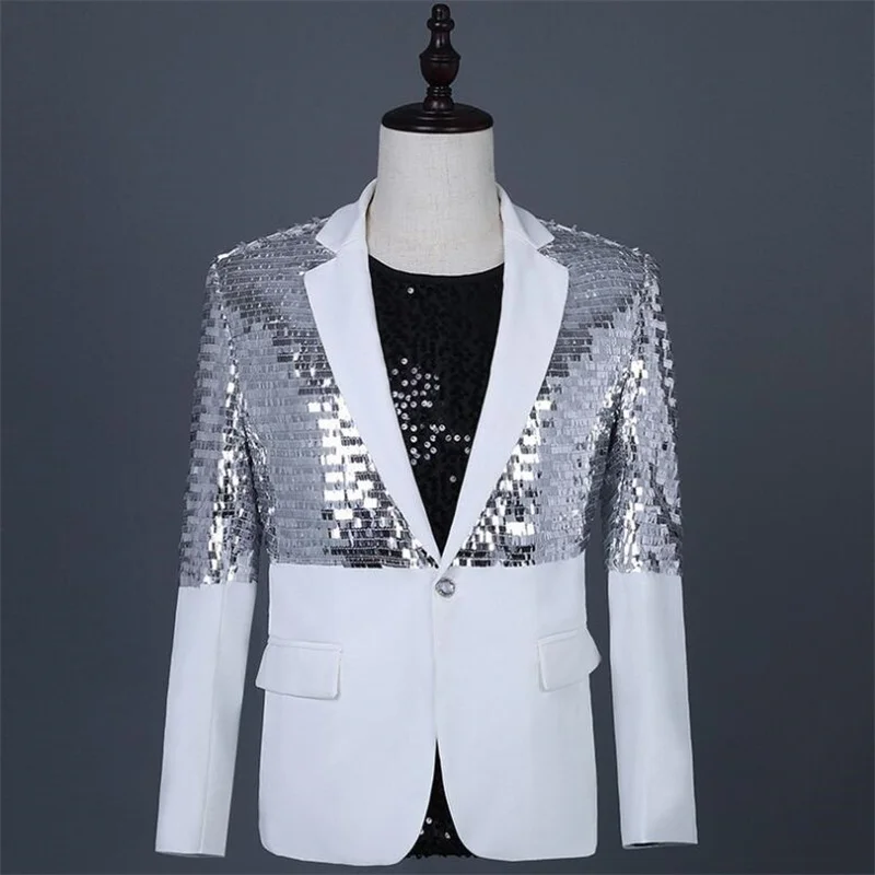 

Silver Halflength Suits Men'S Blazers Jackets Light Male Singer Banquet Guest Host Magician Photography Dress Costume Homme De