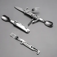 Походный мультитул для еды: нож, ложка, вилка, открывашка, штопор. Разбирается на две части.