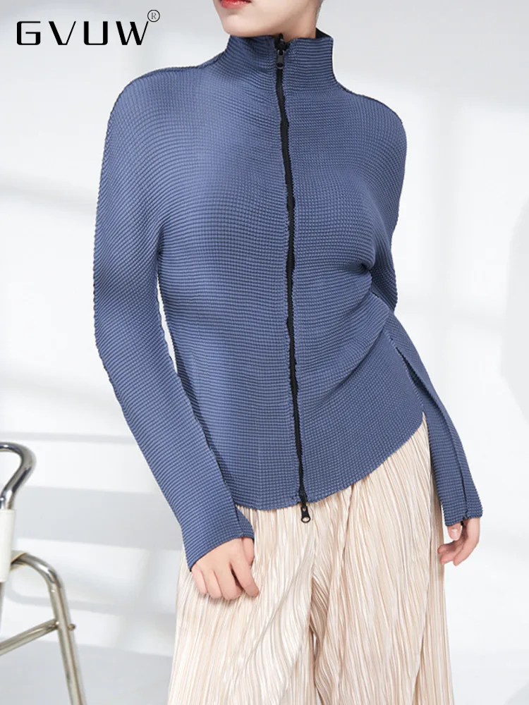 

Плиссированная рубашка GVUW с воротником-стойкой, Женская Модная приталенная однотонная Повседневная Женская осенне-зимняя рубашка на молни...