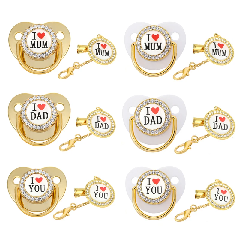 

Gold Bling Rhinestone Pacifier for Babies with Clip Chain I Love Mum Dad Safe Silicone BPA Free Newborn Soother Nipple Pacifiers