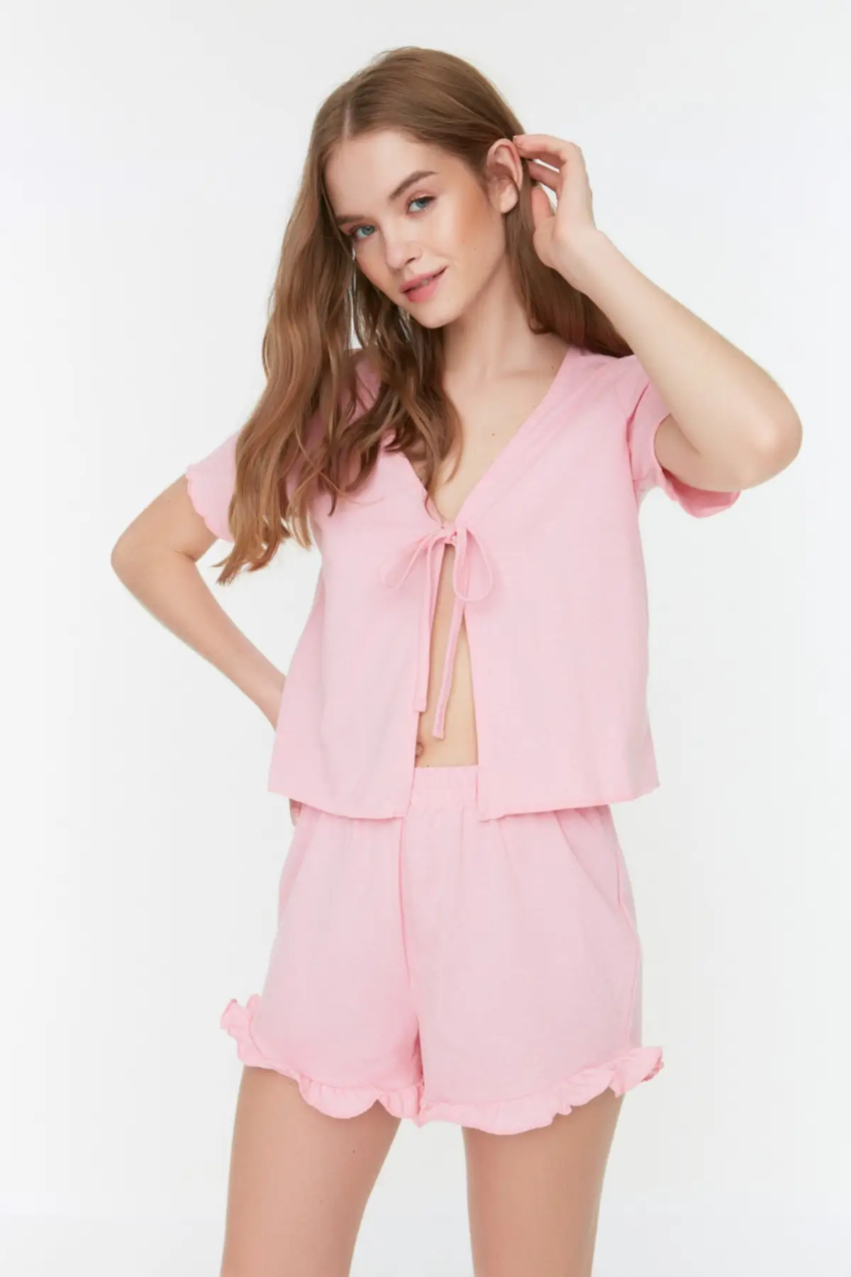 

Женская пижама, розовая вязаная Пижама с рюшами для сна и отдыха, ночное белье, ночная рубашка, повседневная домашняя одежда