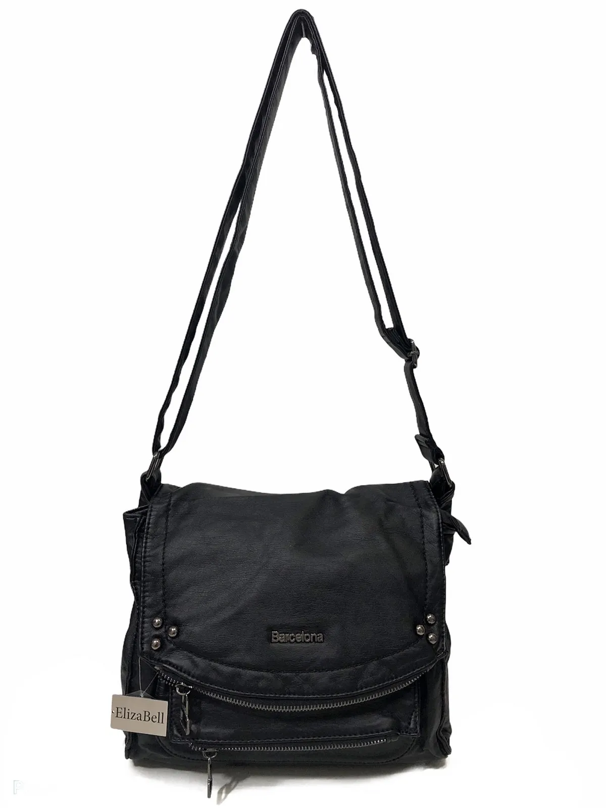 

Tumbled soft leather multi-eyed messenger bag size 22x25cm black