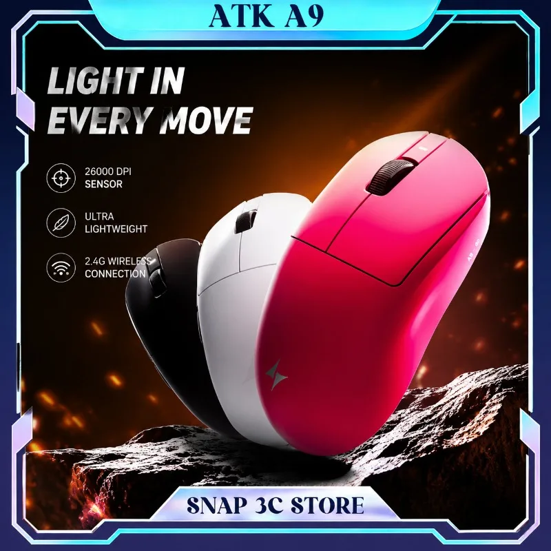 Фото Беспроводная игровая мышь ATK Dragonfly A9 Ultra с сенсором PAW3950, 8 кГц, три режима подключения, эргономичная, для киберспорта, FPS, A9 SE Plus №1