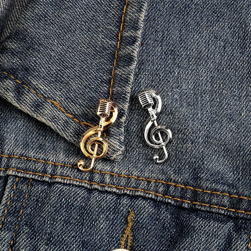 Микрофон-брошь "Новая мода" с музыкальной нотой унисекс, из металла, золотого и серебряного цвета, с музыкантскими пинами для рубашки на вечеринке, прикрепленные к лацкану, сувениры с мероприятия.