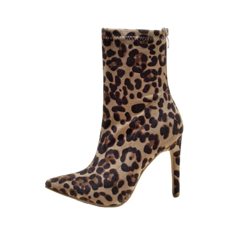 2022 Suede Pointed Toe Women Ankle Boots Leopard Fashion Hoof High Heel All Match Short Woman Shoes Fur Boots Size 34-42