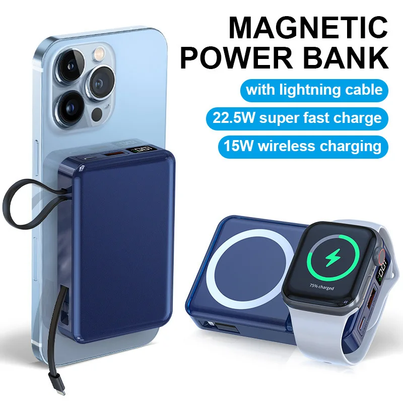 

New Wireless Magnetic Power Bank For iphone Watch 22.5W Built-in cable Fast Charge 10000mAh powerbank For iPhone 14/13/12 ProMax