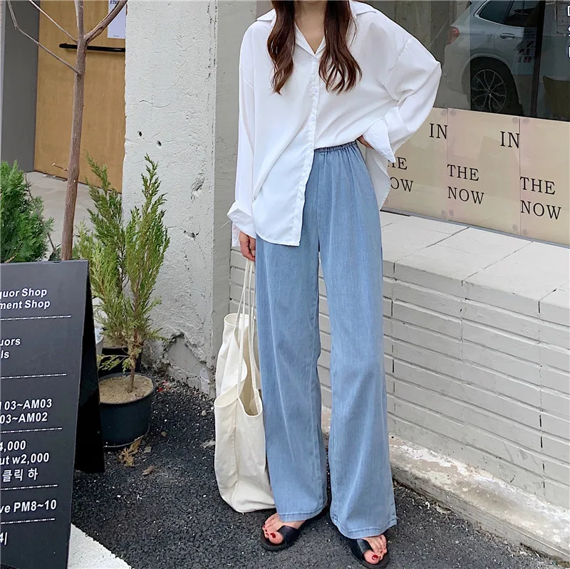 N1498   Wide leg jeans summer new light color elastic waist loose mopping pants jeans