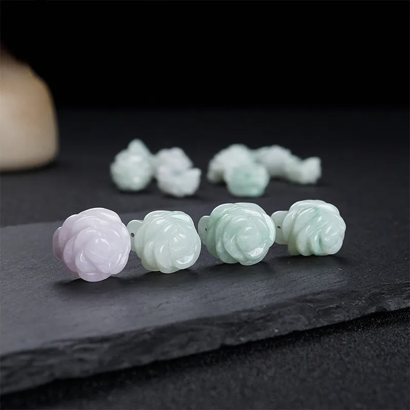 

Natural Myanmar jadeite hand-carved rose flower DIY 100% real jade bracelets ring jade accessories scattered beads