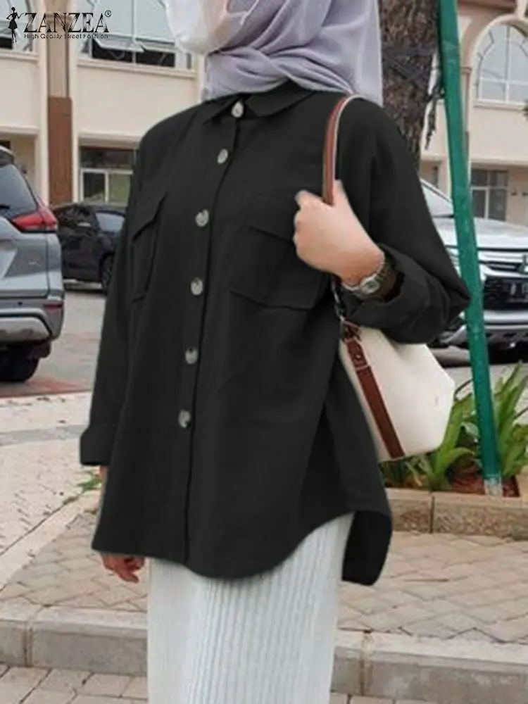 

Женская блузка ZANZEA с длинным рукавом, однотонная Осенняя рубашка, модная рубашка с воротником с лацканами и пуговицами, повседневная женская одежда