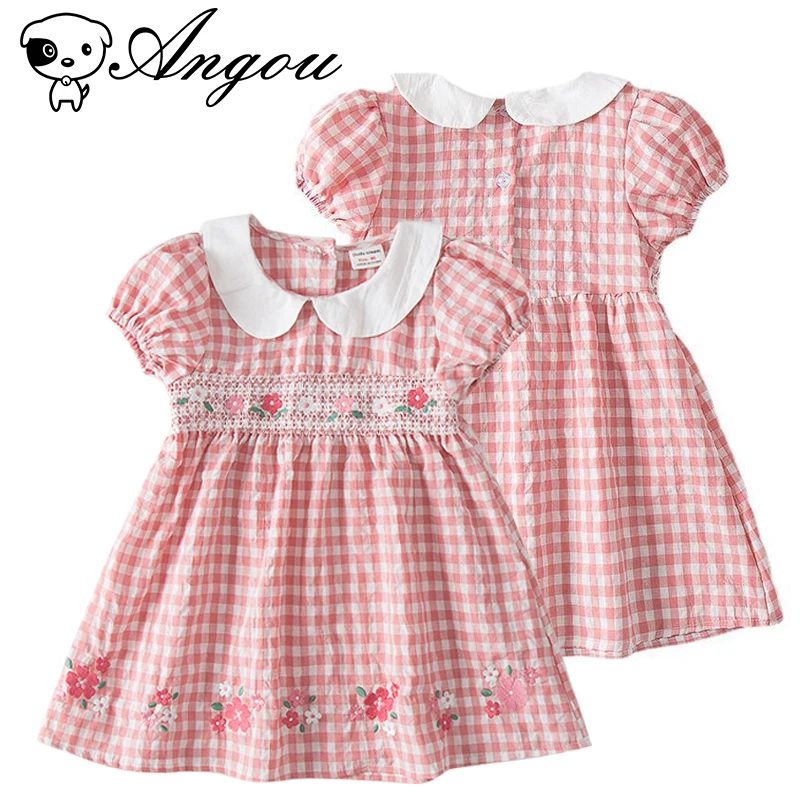 

Детское модное платье для девочек Angou с цветочной вышивкой и кукольным воротником, платье принцессы во французском стиле в розовую клетку, т...