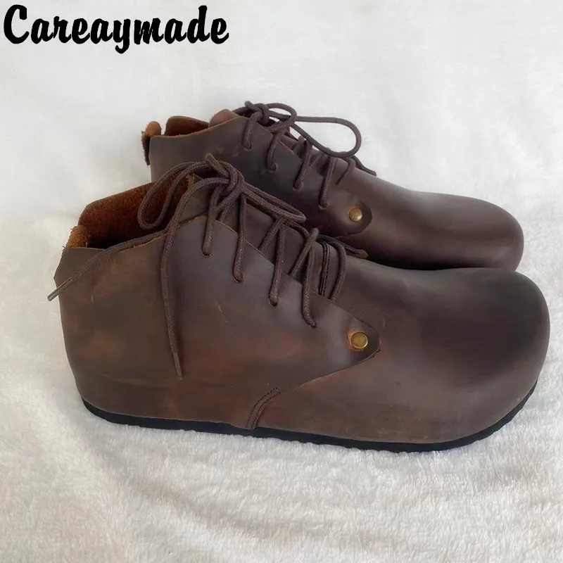 Careaymade-Genuine Leather women's shoes Crazy Horse Leather single shoes high top cork shoes big head shoes handmade size 35-45