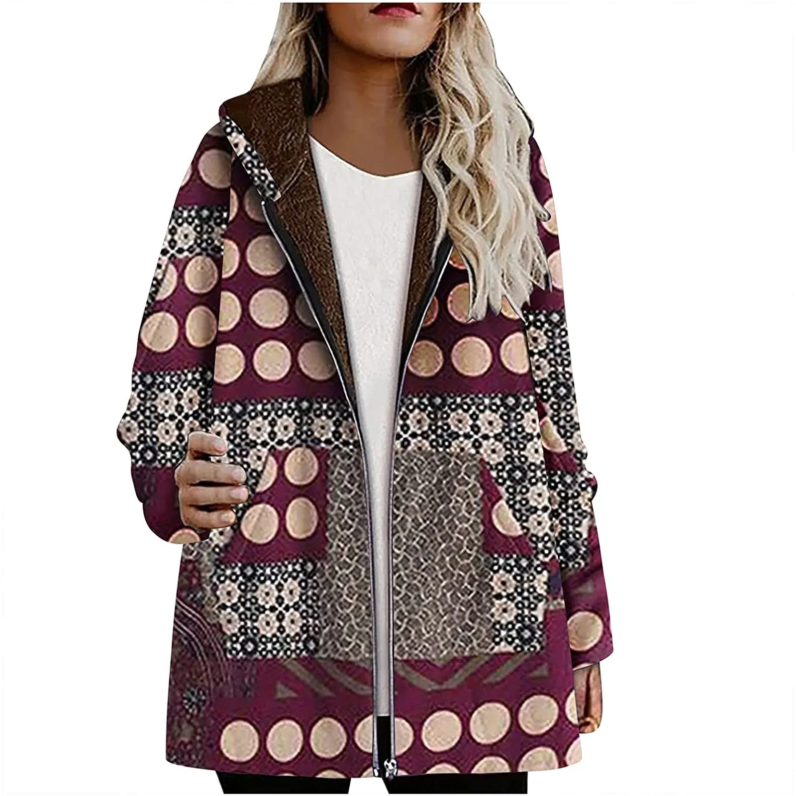 

Женское зимнее пальто оверсайз с винтажным принтом, теплая флисовая верхняя одежда с капюшоном и карманами в винтажном стиле