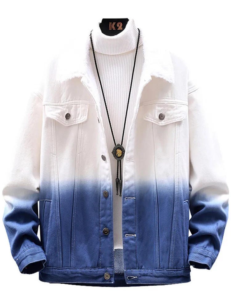 

Fashion Slim Denim Gradient Jacket For Men Cotton Fleece Lined Casual Rugged Wear Trucker Jacket Chic Winter Button Up Men Coat