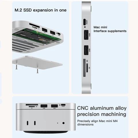 USB-концентратор с кард-ридером для Mac Mini M4 M4 Pro, док-станция NVMe SSD, расширение памяти M.2, твердотельный накопитель, настольная док-станция