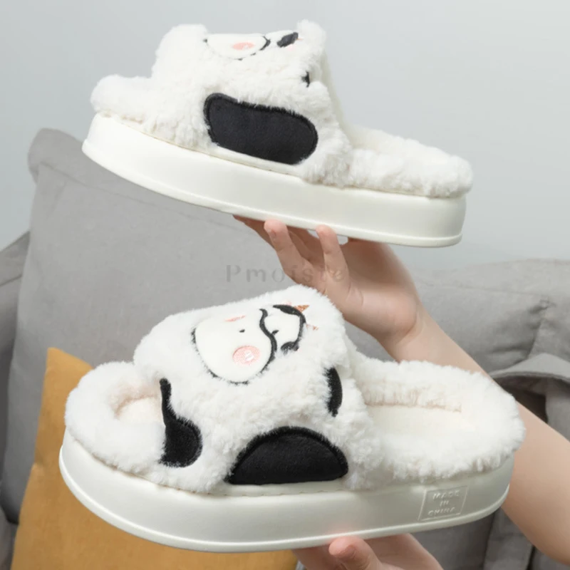 Furry Women's Home Slippers Cute Cow Thick Plush Winter Female Indoor Shoes on Platform Slippers Soft Warm House Slides Animals