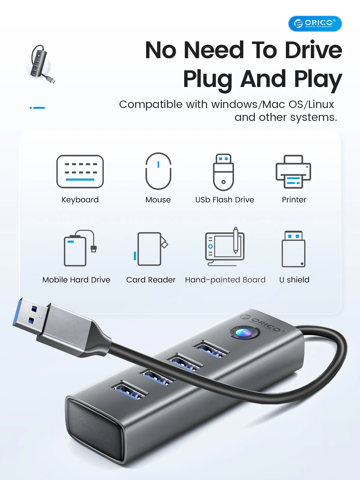 ORICO 4-Port USB 3.0 HUB Aluminum Alloy Plug And Play Mini Socket hub/USB Splitter 4 Ports 5Gbps High-Speed Transmission images - 6