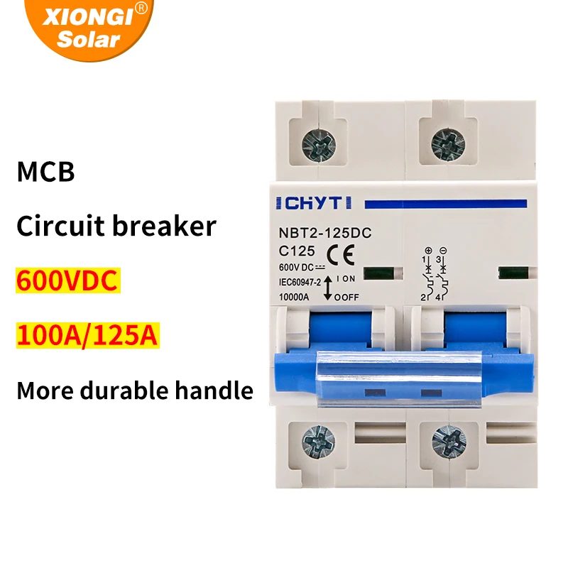

XIONGISOLAR NBT2-125DC 2P PV Din Rail DC 600V 80A 100A 125A 10kA C Curve Solar Switch Mini Circuit Breaker MCB