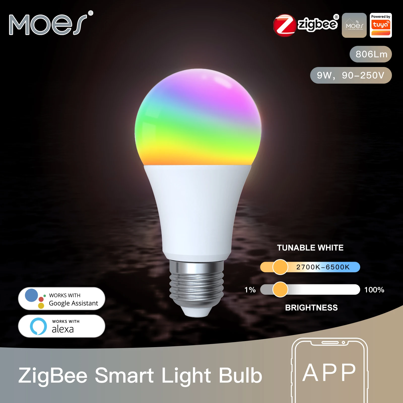 

MOES RGB Умная светодиодная лампа 9Вт