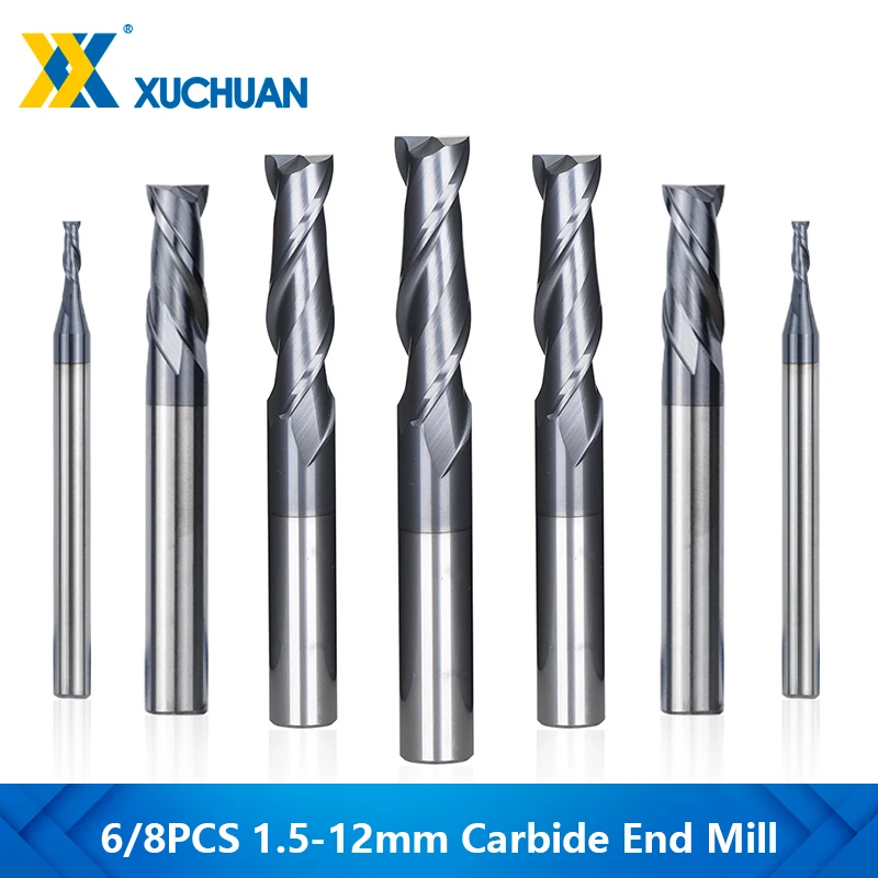 

2 Flute Flat Milling Bit 6/8pcs 1.5-12mm Router Bit CNC Machine Milling Cutter HRC45 Tunsten Carbide End Mill Milling Tool