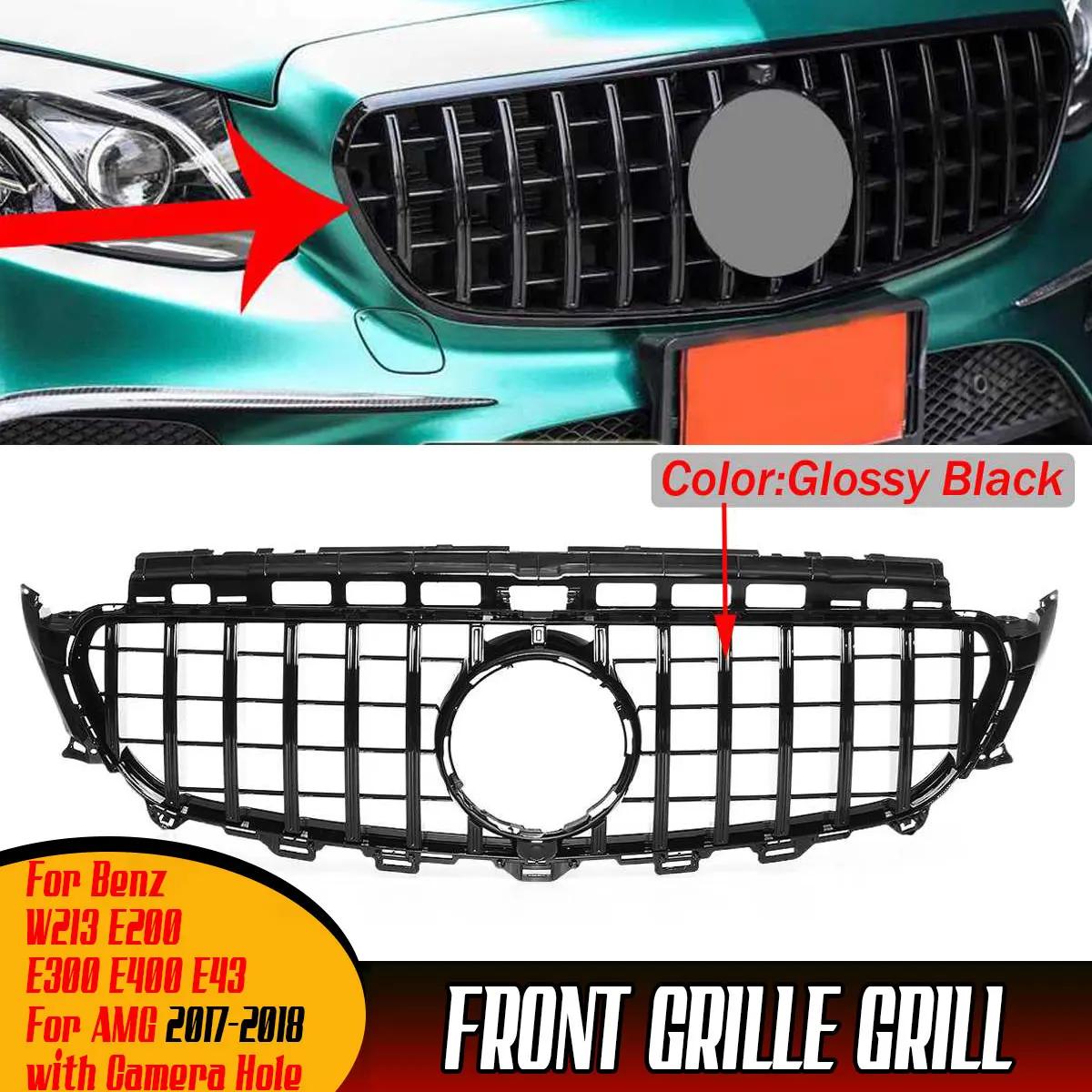 

Glossy Black/Chrome Car Front Bumper Grill Grille For Mercedes For Benz W213 E200 E300 E400 E43 For AMG 2017-2018 W/ Camera Hole