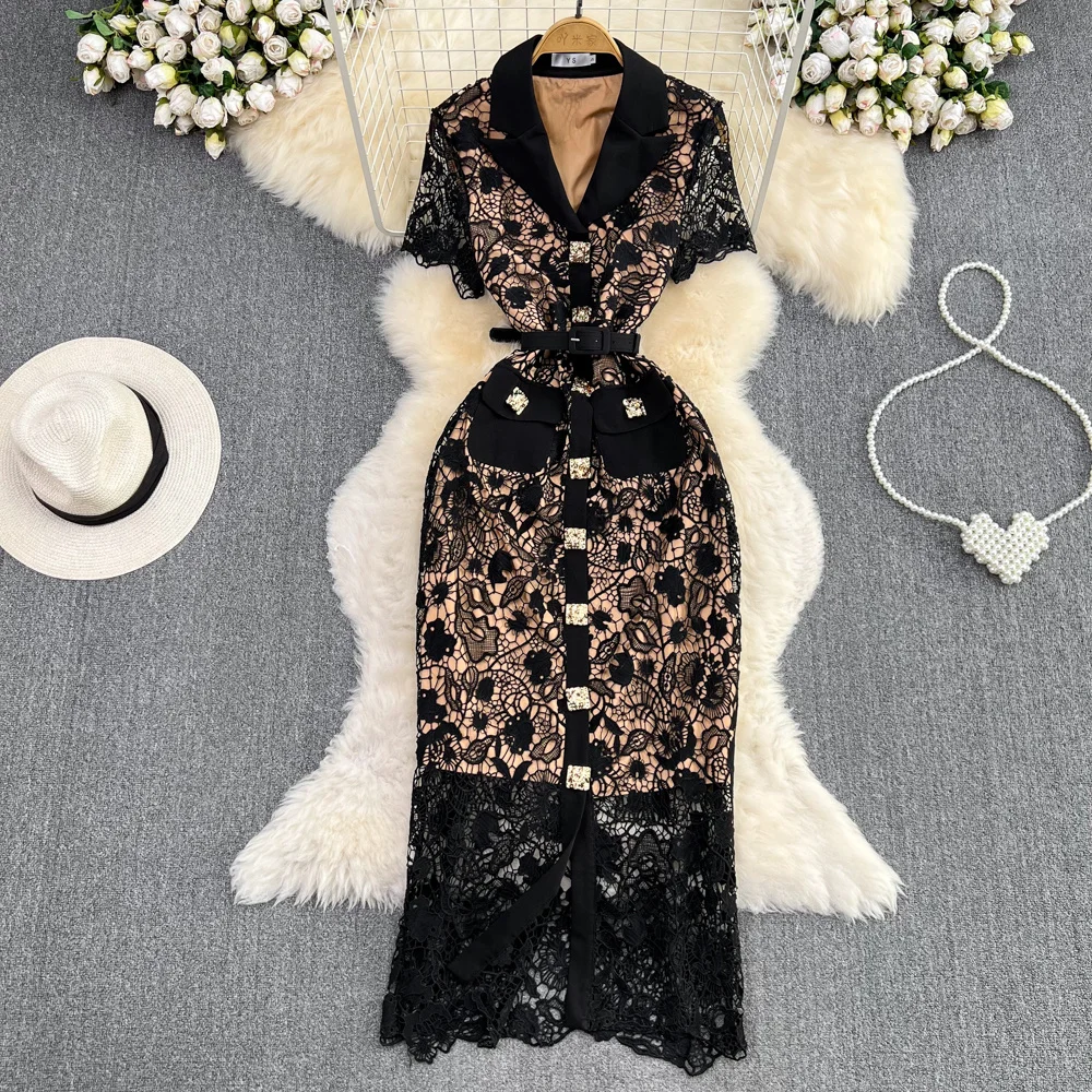 

Summer Premium Light Luxury Temperament Short Sleeve Suit Neckline Wrapped Waist Slim Single breasted ALine Lace Dress