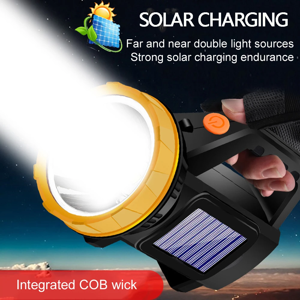 Portable LED Solar Flashlight USB Handheld Spotlight Solar Lantern Portable Searchlight With Side Light Outdoor Camping Light