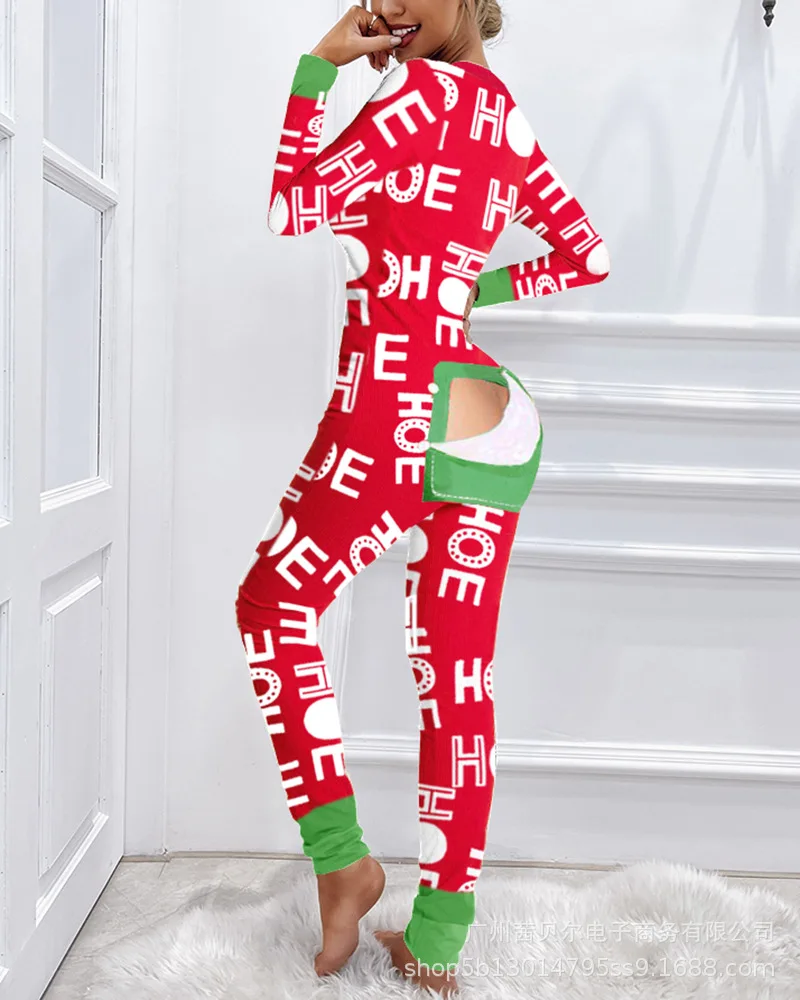 Christmas Printed Sexy Women's Pajamas Jumpsuit 2021 Fashion Casual Button Front Bottom Rear Hip Opening Flip Jumpsuits