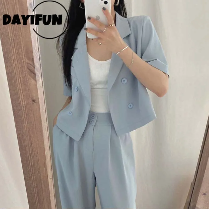

DAYIFUN Women Solid Color Sets Lapel Short Sleeve Streetwear Double Breasted Blazer & Trousers Fashion Casual Women Suits