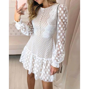 Female Polka Dot Lace Spring Dresses Women Sexy Mesh Hollow Embroidery Party Dress Vintage Long Sleeve Plus Size Dresses Vestido