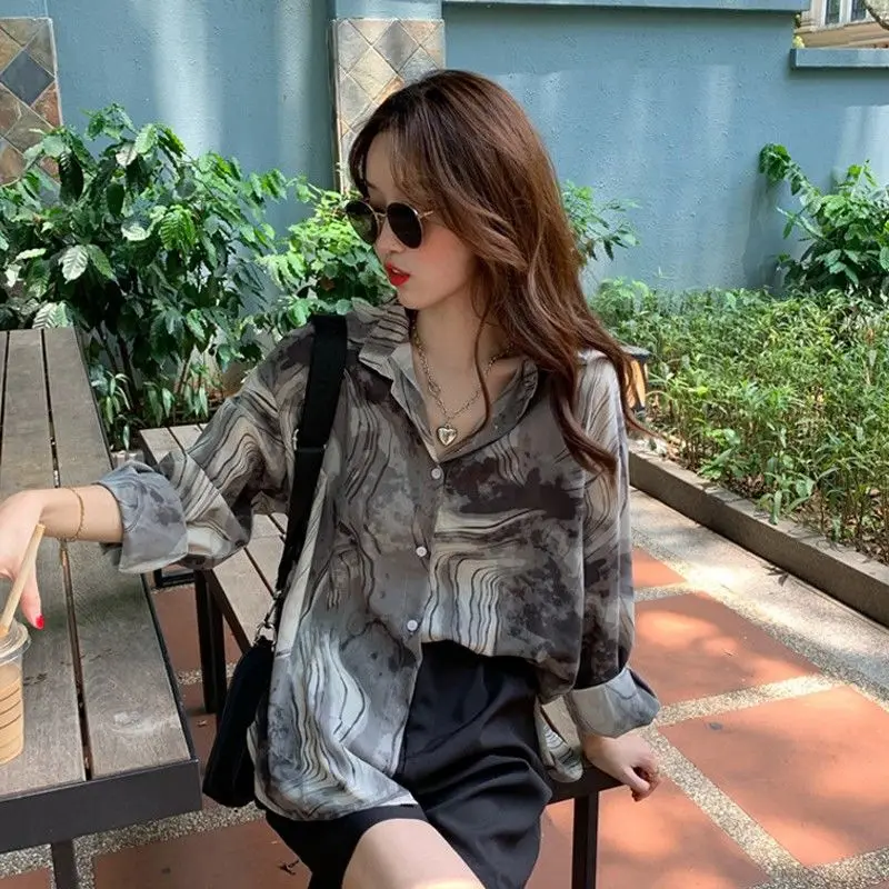 

Vintage Ink Print Long-sleeved Shirts Female Spring 2023 New Long Sleeve Loose Plus Size Blouses Casual Fashion Women Clothing