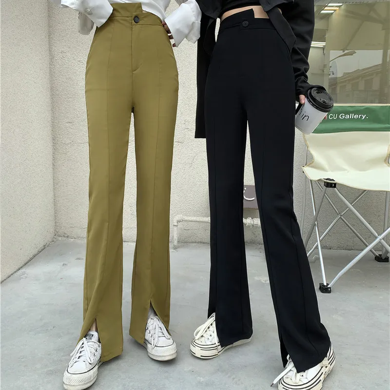 

Women Spring Summer Chic Slit Trousers Solid Color Elegant Pants 2021 High Street Fashion Irregular High Waist Flare Female Pant