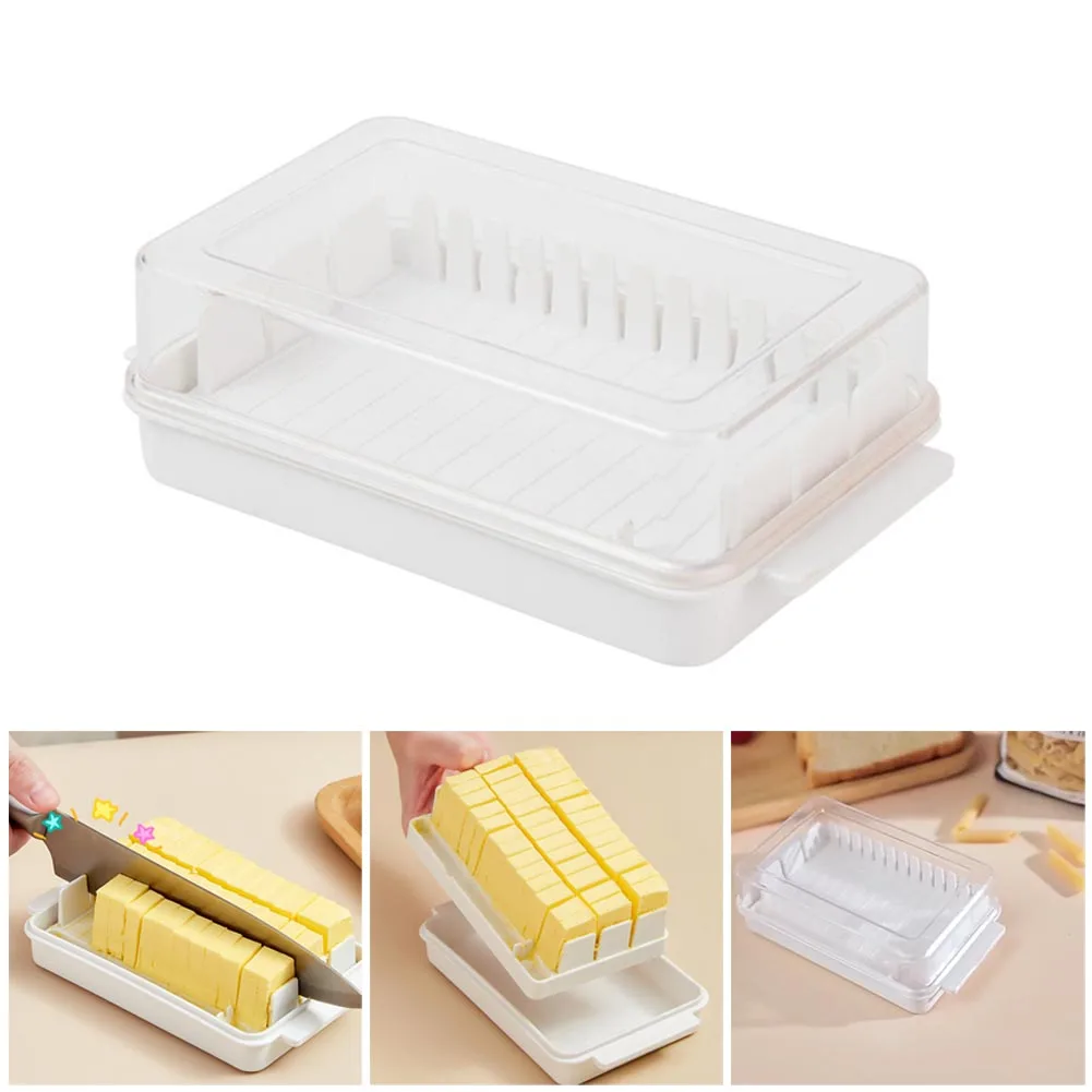 

Butter Box Holder Tray With Lid Plastic Storage Container Butter Cutting Box Removable Divided Design Slice Evenly Storage Box