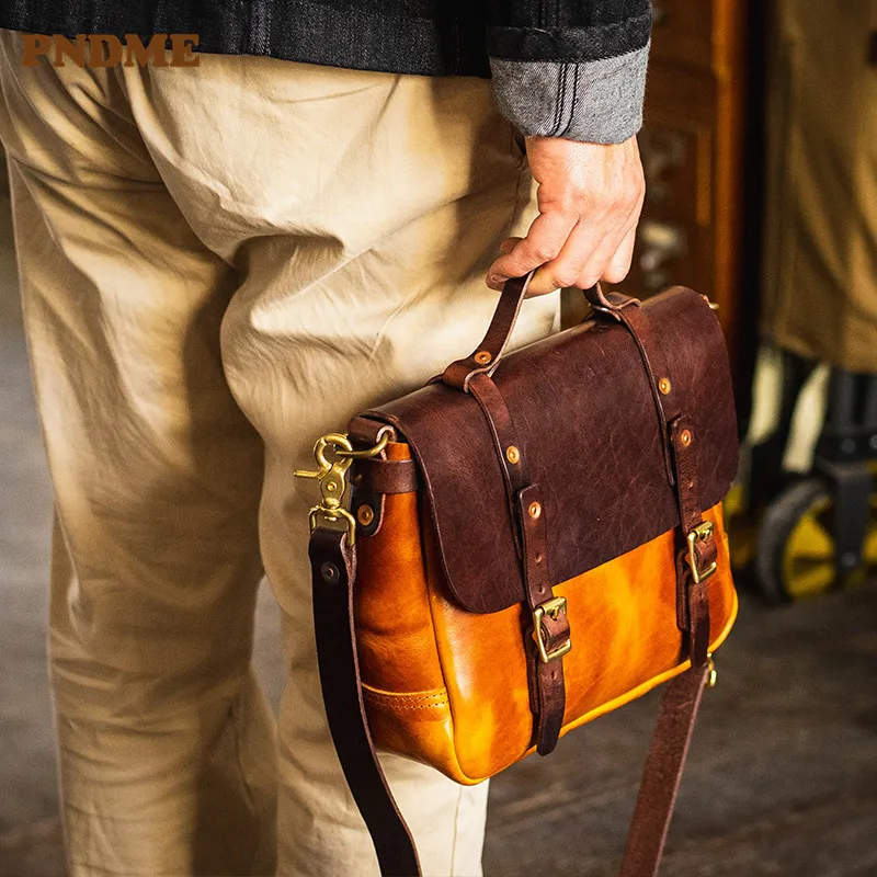 PNDME high quality genuine leather men messenger bag casual outdoor luxury real cowhide shoulder bag first layer cowhide handbag