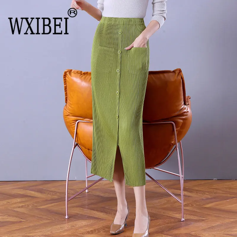 

Юбка WXIBEI Женская Плиссированная, элегантная облегающая однобортная трапециевидная юбка с разрезом, высокой талией и карманами, FC199, Осень-зима 2022