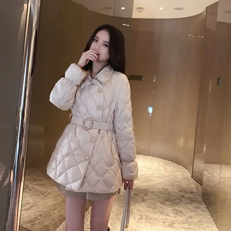 2022 Winter Korean Fashion Thick Cotton Padded Parkas Jacket New Women Elegant Coats Ladies Female Pearl Button Elastic Waist