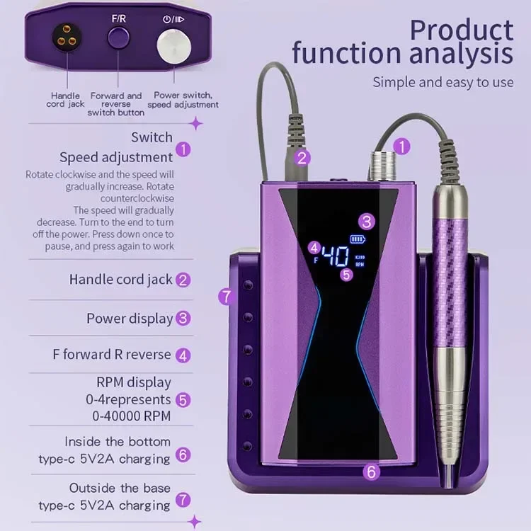 Бесщеточный наконечник 40000 об/мин Pro Power 64 Вт дрель для ногтей OEM беспроводная