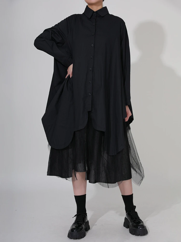 

Black Dress Irregular Mesh Shirt Skirt Long Sleeve Spring Autumn New Loose Splicing Fake Two Pieces High Street Women's Clothing