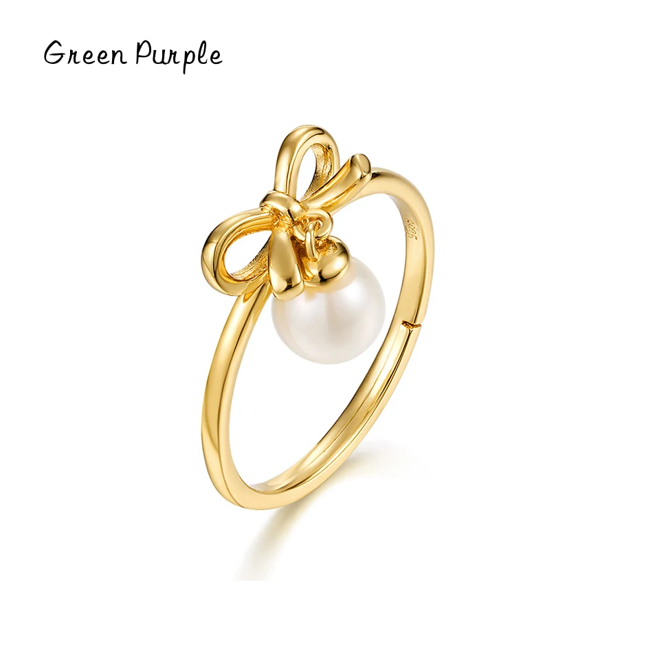 

Green Purple s925 Sterling Silver Natural Pearl Bowknot Rings Adjustable 14K Gold Ring For Women Wedding Jewelry Set Gift J1316