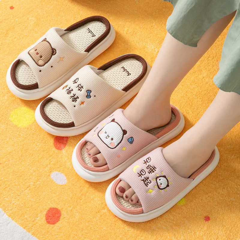 Cute Mitao Cat Bubu Dudu Panda Women Slippers Leisure Home Slides Outdoor Non-slip Thick Sole Couple Hemp Sandals Ladies Shoes