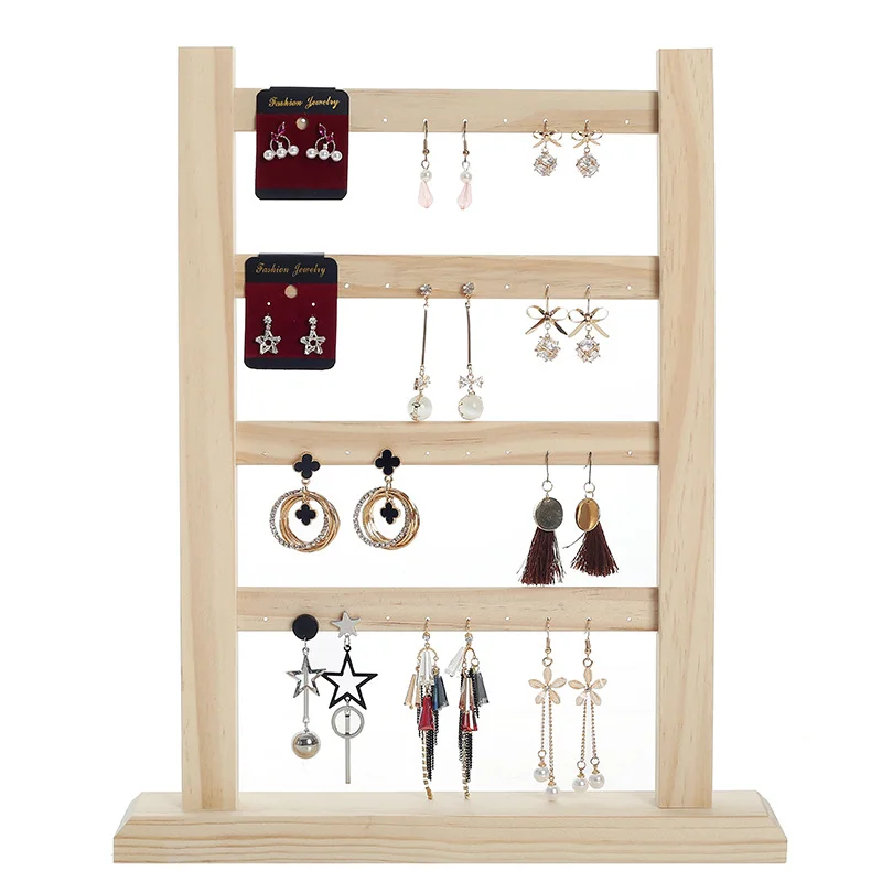4-layer Jewelry Display Stand Solid Wood Necklace Storage Rack Earring Frame Ear Card Household Decoration Shoporganizer