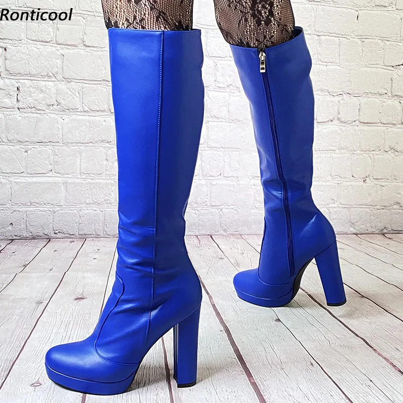 Фото Rontic Handwork Женские зимние сапоги до колена на платформе с полной боковой молнией на массивном каблуке с круглым носком Красивые синие розовые туфли Размер США 5-20 №1