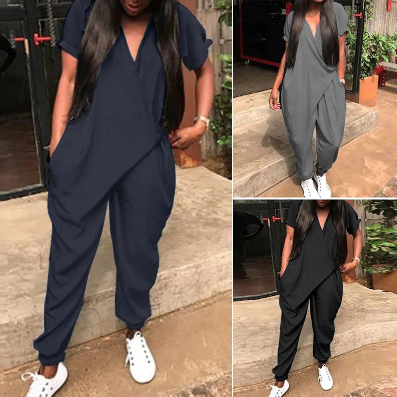 

2022 Fashion Summer Rompers Women Solid V Neck Long Jumpsuits Casual Loose Short Sleeve Overalls Harem Pants Playsuits