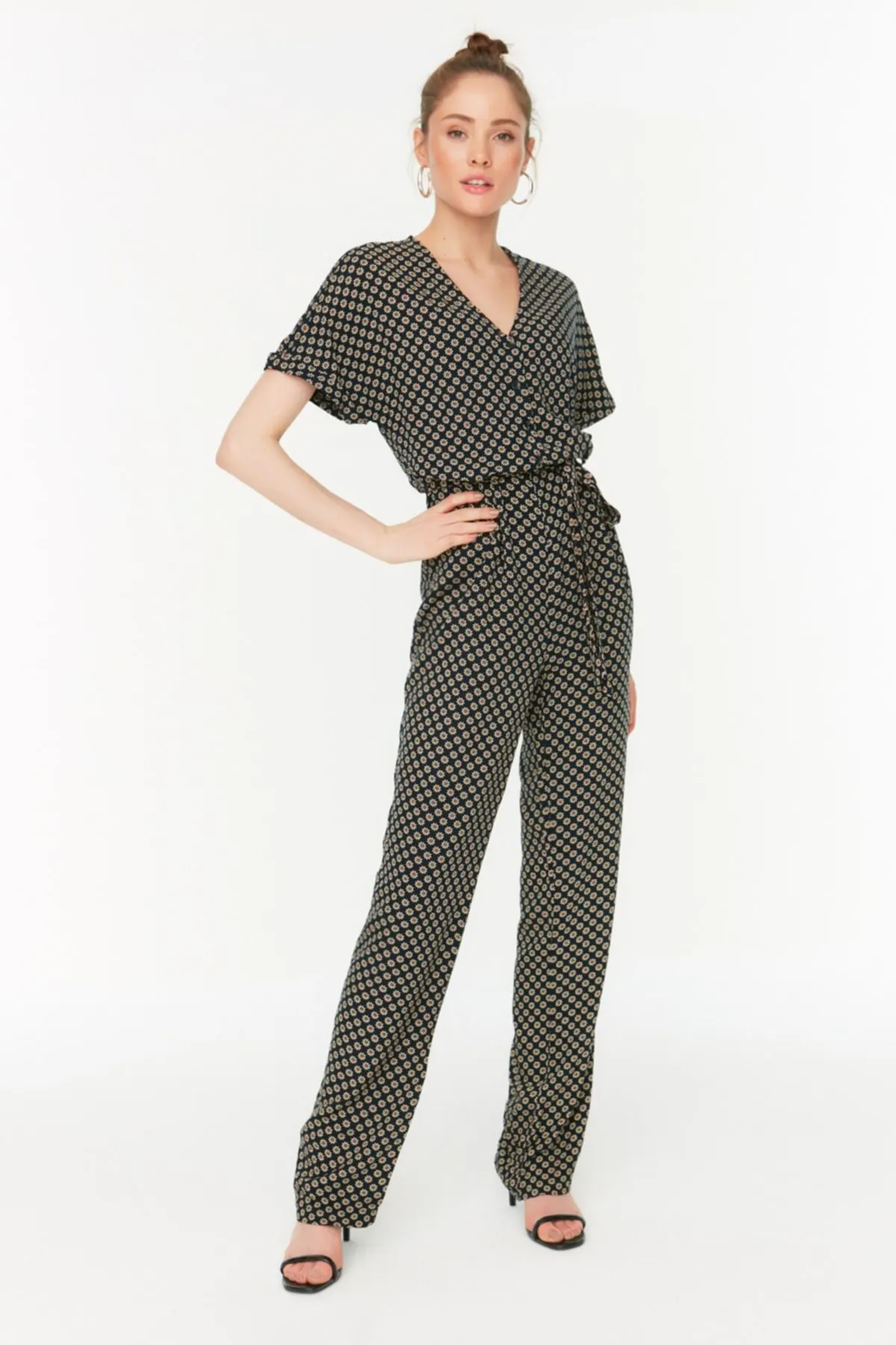 

Women's Overalls Black Belted Patterned Jumpsuit Hot Style Quality Fabric Sleeveless Baggy Trousers Casual Jumpsuit