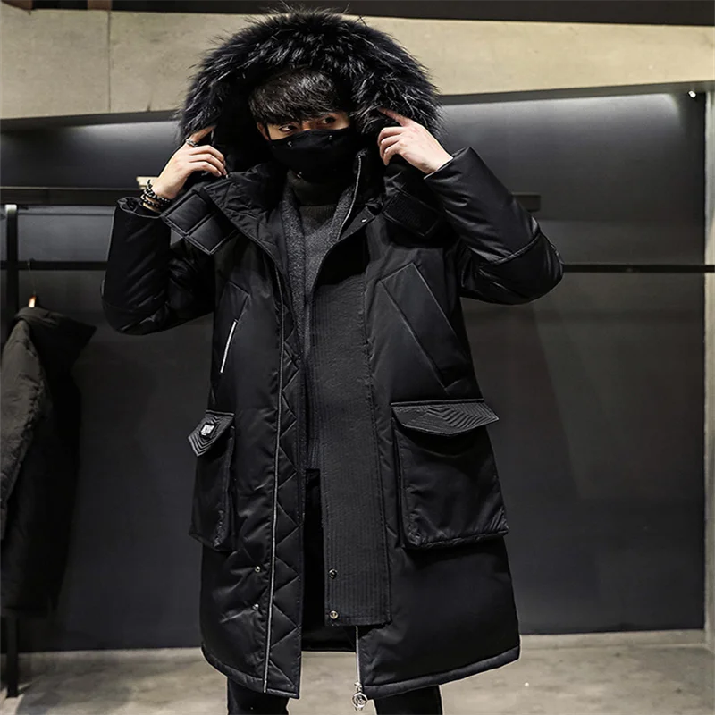 Men's Cotton Padded Clothes Medium Length Down Jacket Raccoon Dog Real Wool Collar Overalls Thickened Warm Keeping Overcoat In W