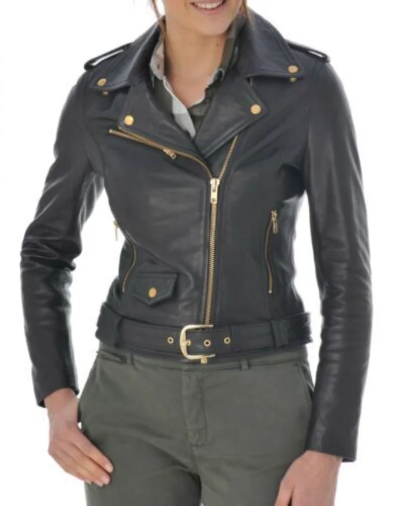 Women Stylish Genuine Racer Lambskin Motorcycle Black Biker Leather Jacket
